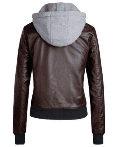 Coffee Brown Bomber Removable Hood Leather Jacket
