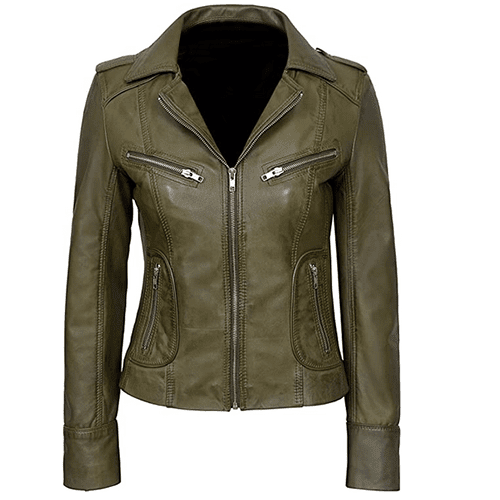 OLIVE GREEN WOMEN'S BIKER LEATHER JACKET