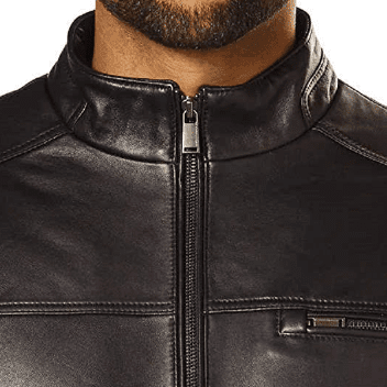 BLACK ROUND COLLAR MEN'S LEATHER JACKET 