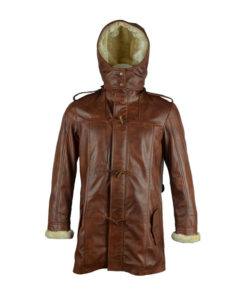 BROWN HOODED LEATHER LONG COAT