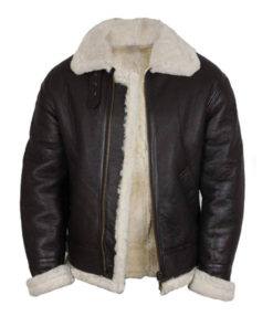 BLACK BOMBER FUR COLLAR FAUX SHEARLING LEATHER JACKET