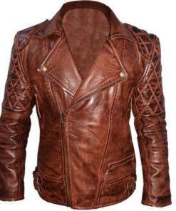 QUILTED BROWN WOMEN'S BIKER LEATHER JACKET