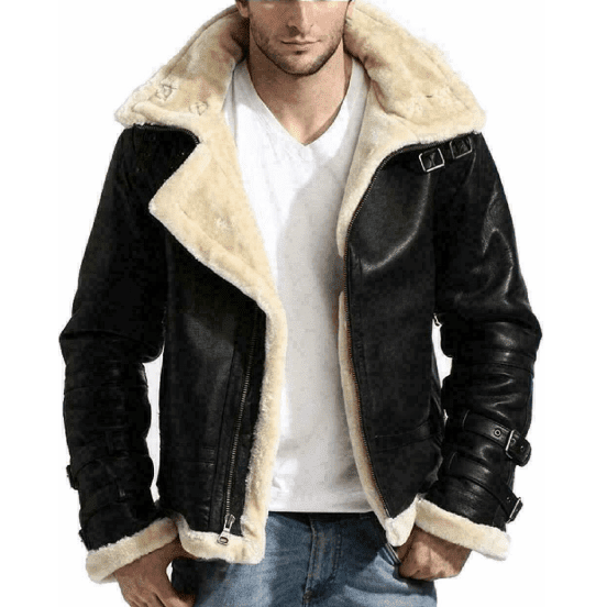 SHEARLING FUR MEN'S BLACK LEATHER 
