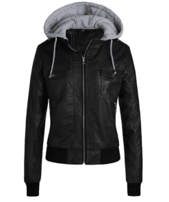 Women Black Bomber Removable Hood Leather Jacket