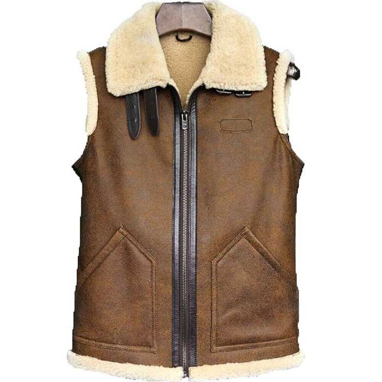 BROWN FUR COLLARED LEATHER VEST 